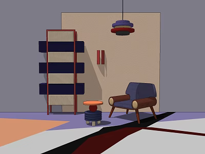 Stylish Modern Living Room Interior With Armchair Bookshelf Side Table And Pendant Light 3d model