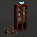 Vintage Brown Wooden Bookcase With Glass Doors And Basket On Top Beside Suitcases