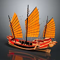 Traditional Chinese Sailing Boat With Yellow Sails Red Black Hull And Wooden Structure