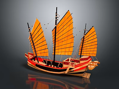 Traditional Chinese Sailing Boat With Yellow Sails Red Black Hull And Wooden Structure 3d model