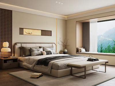 Modern Elegant Bedroom Interior With Bed Nightstand Table Lamp And Mountain View Window 3d model