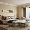 Modern Elegant Bedroom Interior With Bed Nightstand Table Lamp And Mountain View Window