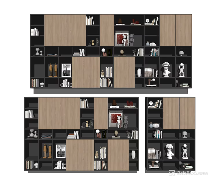 Modern Bookshelf Design With Multiple Compartments Wooden Panels Books And Decorative Items 3d model 