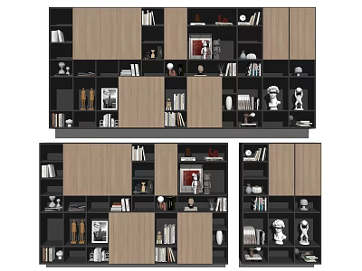 Modern Bookshelf Design With Multiple Compartments Wooden Panels Books And Decorative Items 3d model