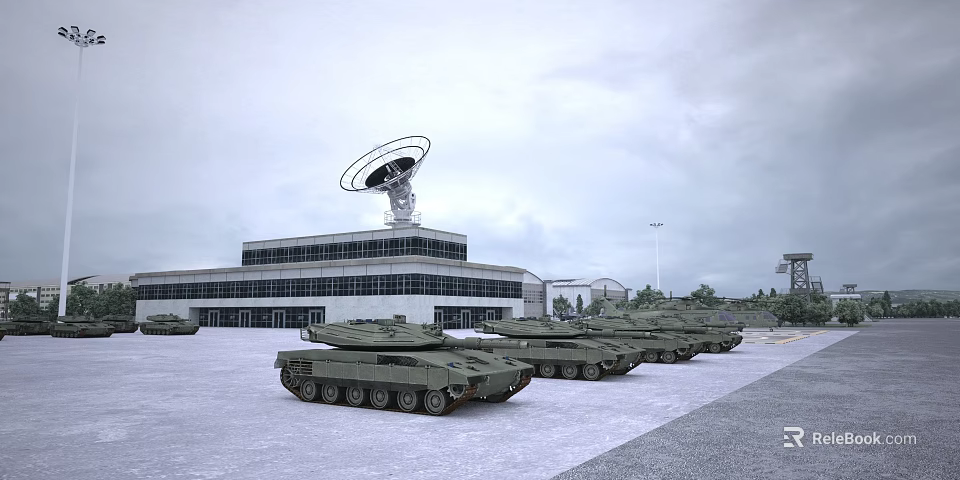 Military Tanks Arrayed In Open Space Near Radar Equipped Building 3d model 