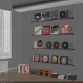 Audio Speaker in Room Corner with Vinyl Records CD and Wall Mounted Shelves