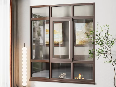 Modern Floor to Ceiling Window with Brown Frame Outdoor View and Indoor Plant Near Fireplace 3d model