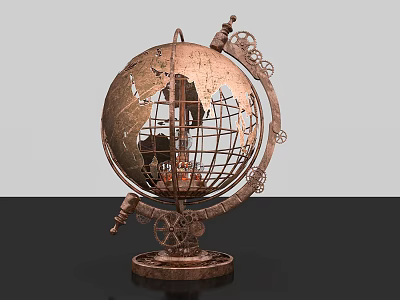 Industrial Style Vintage Metal Globe Decorative Ornament Set With Gears And Grid Structure 3d model