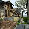 Traditional Guesthouse Building With Wooden Walkway Stone Pavement And Outdoor Seating