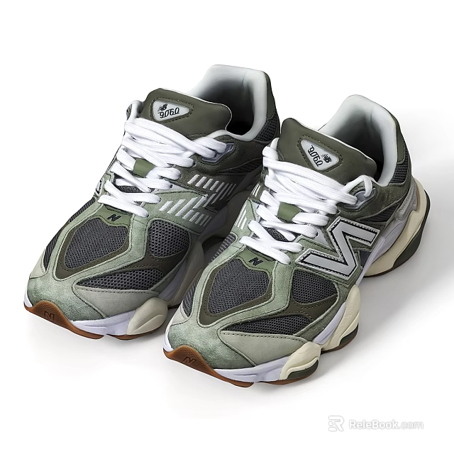 Retro Green Gray Mesh Sneakers With White Laces And Thick Sole 3d model 