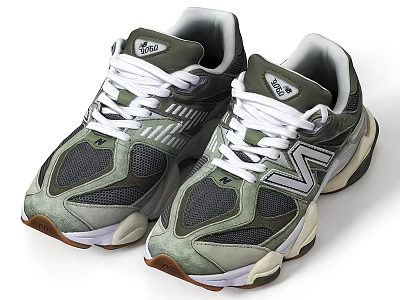 Retro Green Gray Mesh Sneakers With White Laces And Thick Sole 3d model