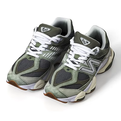 Retro Green Gray Mesh Sneakers With White Laces And Thick Sole 3d model