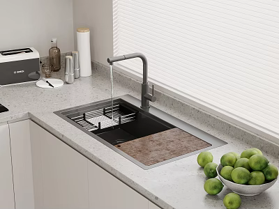 Modern Kitchen With White Cabinets Sink Countertop Toaster Window Blinds And Limes 3d model