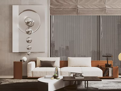 Two Seater Beige Sofa With Plush Cushions White Coffee Table And Modern Wall Art 3d model
