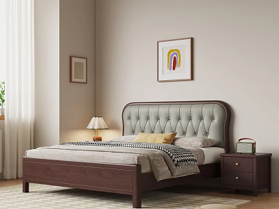 Dark Brown Wooden Double Bed with Light Green Upholstered Headboard Yellow Pillow Striped Blanket and Nightstand 3d model