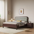 Dark Brown Wooden Double Bed with Light Green Upholstered Headboard Yellow Pillow Striped Blanket and Nightstand