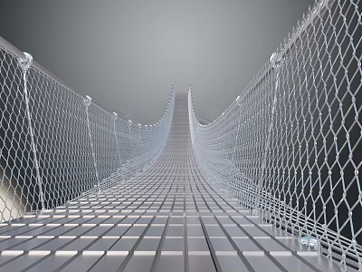 Modern Suspension Bridge With Metal Mesh Railings And Wooden Plank Deck 3d model