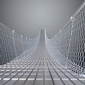 Modern Suspension Bridge With Metal Mesh Railings And Wooden Plank Deck