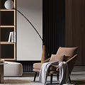 Modern Minimalist Living Room Interior With Beige Sofa Throw Pillows Floor Lamp And Wooden Bookshelf