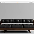 Modern Three Seater Sofa With Black Leather Tufted Upholstery And Wooden Frame
