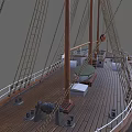 Classic Wooden Ship With Tall Masts Red White Flags And Dark Hull Design