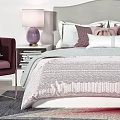 Double Bed with Gray Headboard and Pillows in Bedroom with Flamingo Painting Chandelier and Lamps