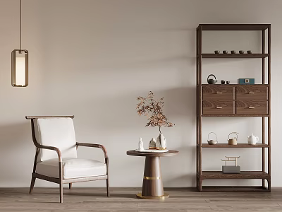 Comfortable Single Sofa In Living Room With Side Table And Wooden Shelf Decor 3d model