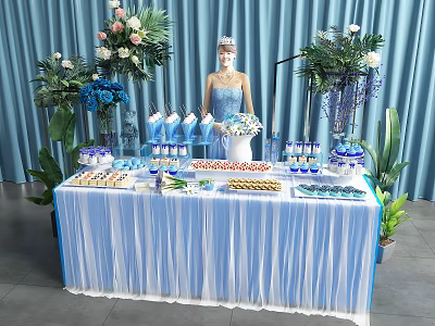 Delicious Food Buffet Table With Fresh Flowers Blue Curtains Fringed Tablecloth And Various Snacks 3d model