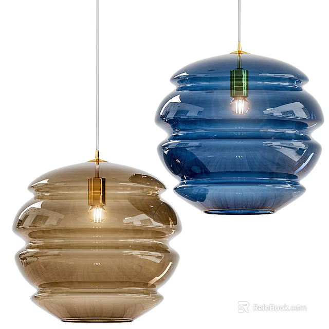 Stylish Brown And Blue Glass Spherical Striped Pendant Lights Lit 3d model 