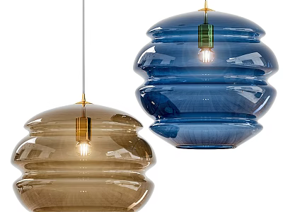 Stylish Brown And Blue Glass Spherical Striped Pendant Lights Lit 3d model