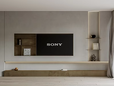 Modern Minimalist TV Wall Design With Gray Panel SONY TV And Wooden Shelves 3d model