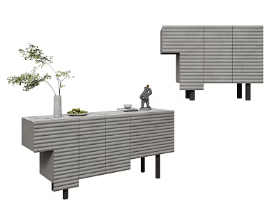 Modern Gray Entryway Console Table with Vertical Slats Black Legs and Decorative Vase Plant Figurine 3d model