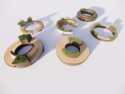 Stylish Circular Wooden Outdoor Chair with Green Plants for Garden Patio Seating 3d model