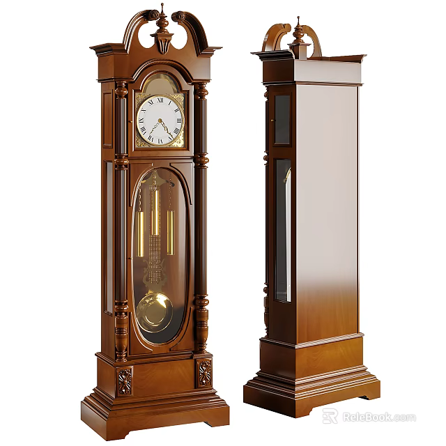 Classical Wooden Grandfather Clock With Carved Details Glass Door And Pendulum 3d model 