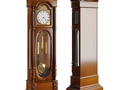 Classical Wooden Grandfather Clock With Carved Details Glass Door And Pendulum 3d model