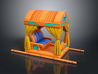 Decorative Pavilion Seat with Orange Striped Roof Yellow Curtains Blue Cushion on Bamboo like Supports 3d model