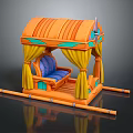 Decorative Pavilion Seat with Orange Striped Roof Yellow Curtains Blue Cushion on Bamboo like Supports