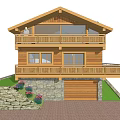Wooden Log House Exterior With Two Story Balconies Stone Wall Sloped Lawn And Garage