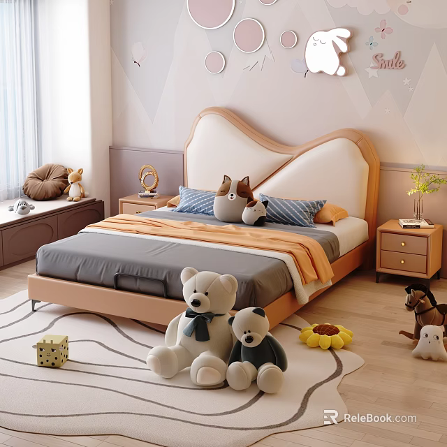 Cozy Kids Bed with Curved Headboard Plush Teddy Bears and Nightstand on Rug 3d model 