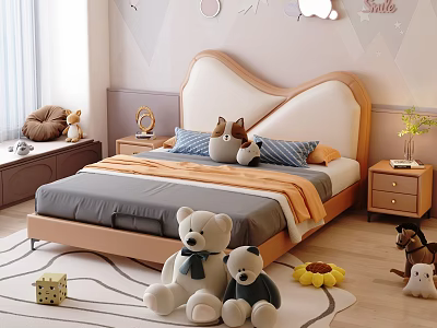Cozy Kids Bed with Curved Headboard Plush Teddy Bears and Nightstand on Rug 3d model
