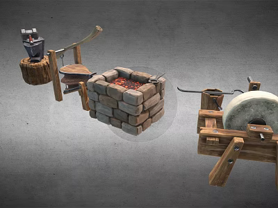 Traditional Decorative Ornament Set With Stone Mill Mortar And Wooden Structures 3d model
