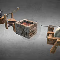 Traditional Decorative Ornament Set With Stone Mill Mortar And Wooden Structures