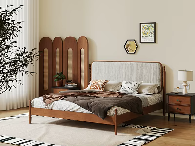Double Bed with Wooden Headboard Cozy Bedding Pillows Nightstand Lamp Decorative Paintings Green Plant Rug 3d model
