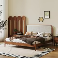 Double Bed with Wooden Headboard Cozy Bedding Pillows Nightstand Lamp Decorative Paintings Green Plant Rug