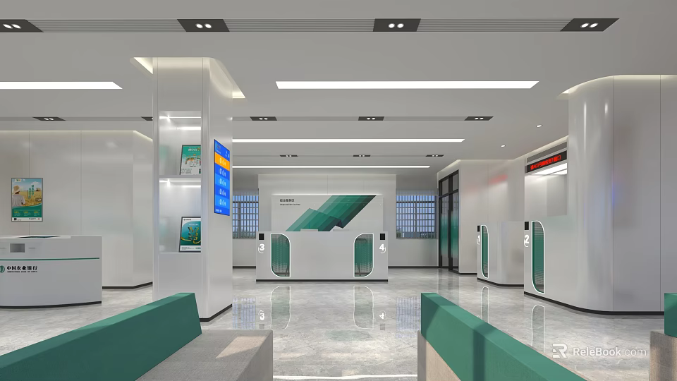 Modern Service Hall Interior With Service Counters Waiting Seats And Electronic Screens 3d model 
