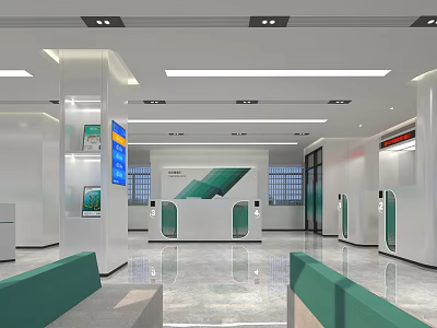 Modern Service Hall Interior With Service Counters Waiting Seats And Electronic Screens 3d model