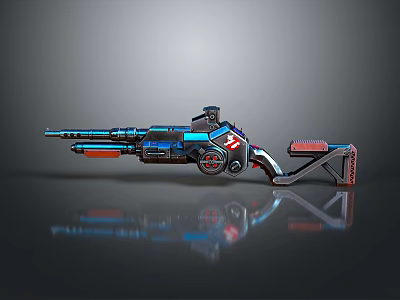 Futuristic Sci Fi Weapon Design With Blue Red Accents And Metallic Barrel Scope Stand 3d model