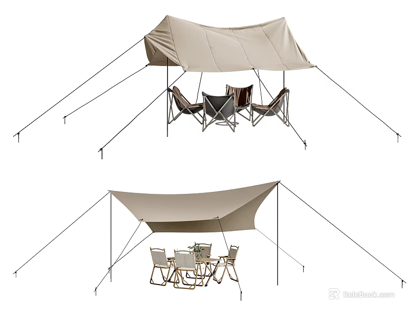 Portable Camping Tent Setup With Hammocks And Outdoor Table Chairs 3d model