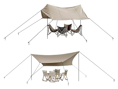 Portable Camping Tent Setup With Hammocks And Outdoor Table Chairs 3d model
