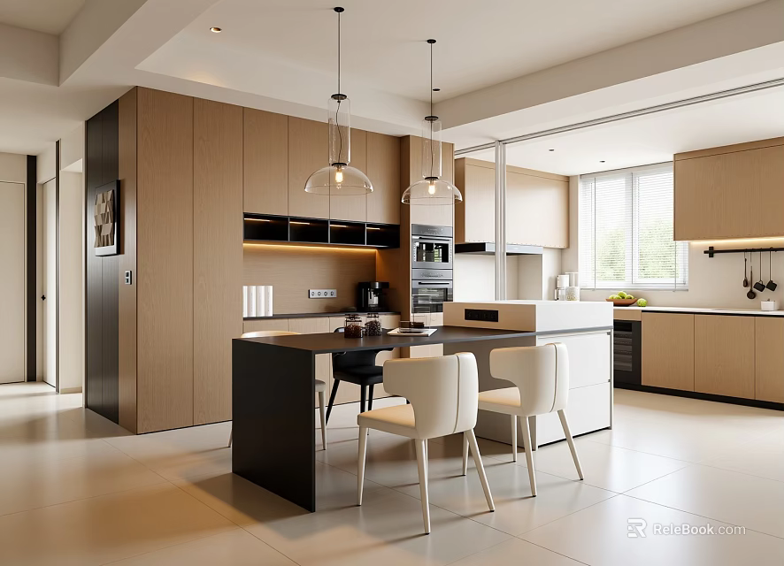 Bright Modern Home Dining Area With Wooden Cabinets Kitchen Island And Stylish Comfortable Dining Chairs 3d model 